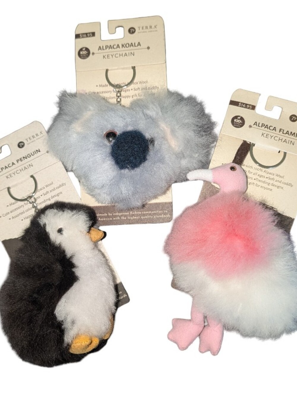 Terra 100% Alpaca Bag Charm/ Keychains Trio; Penguin, Koala & Flamingo